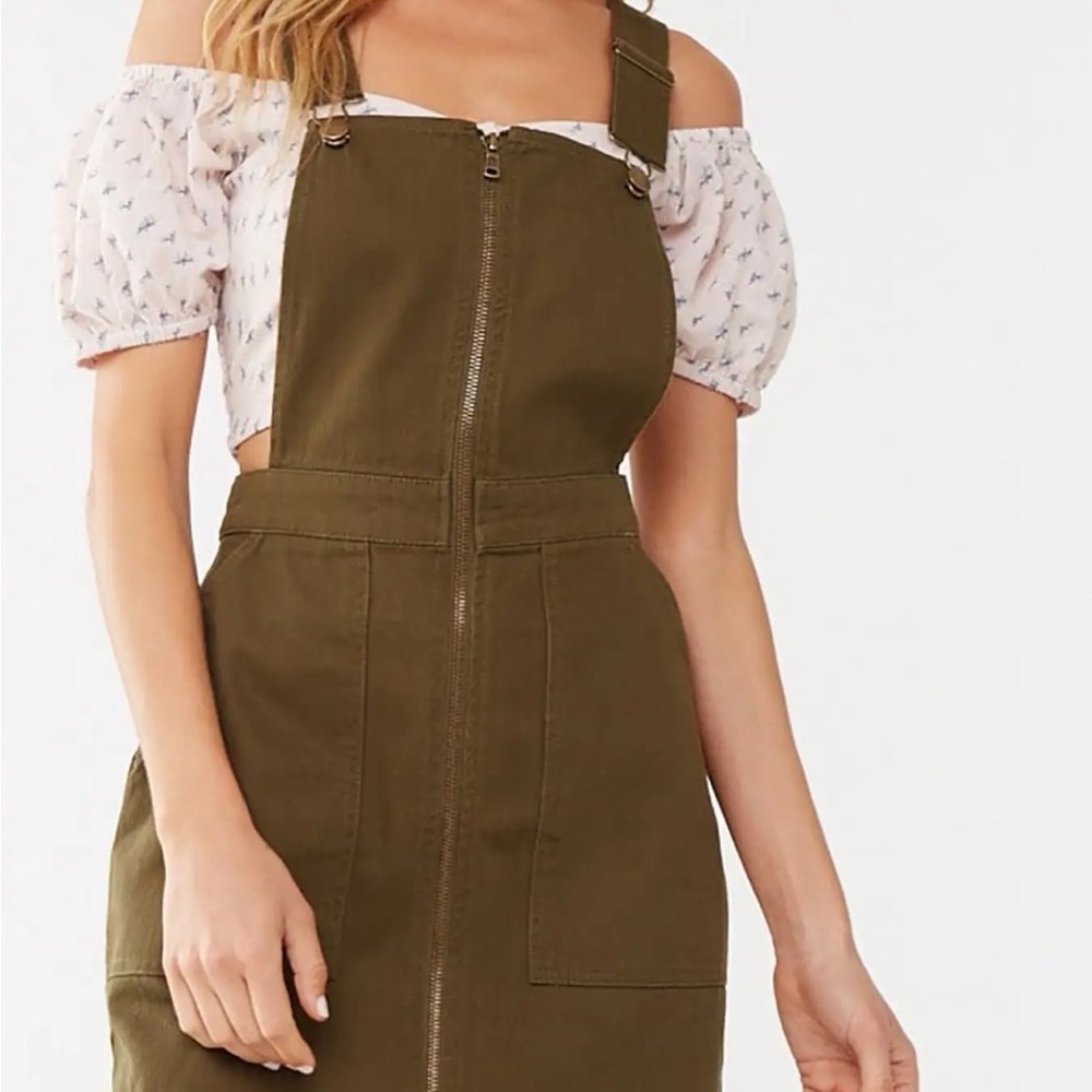 Forever 21 Utility Style Olive Army Green 100% Cotton Overalls Dress, Size Large